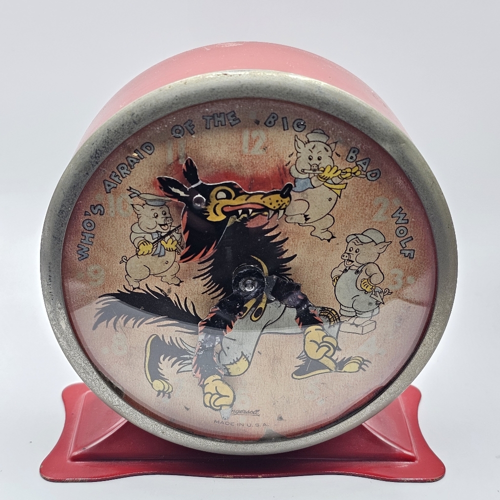 Rare 1934 Ingersoll Big Bad Wolf & 3 Pigs Animated Alarm Clock Working